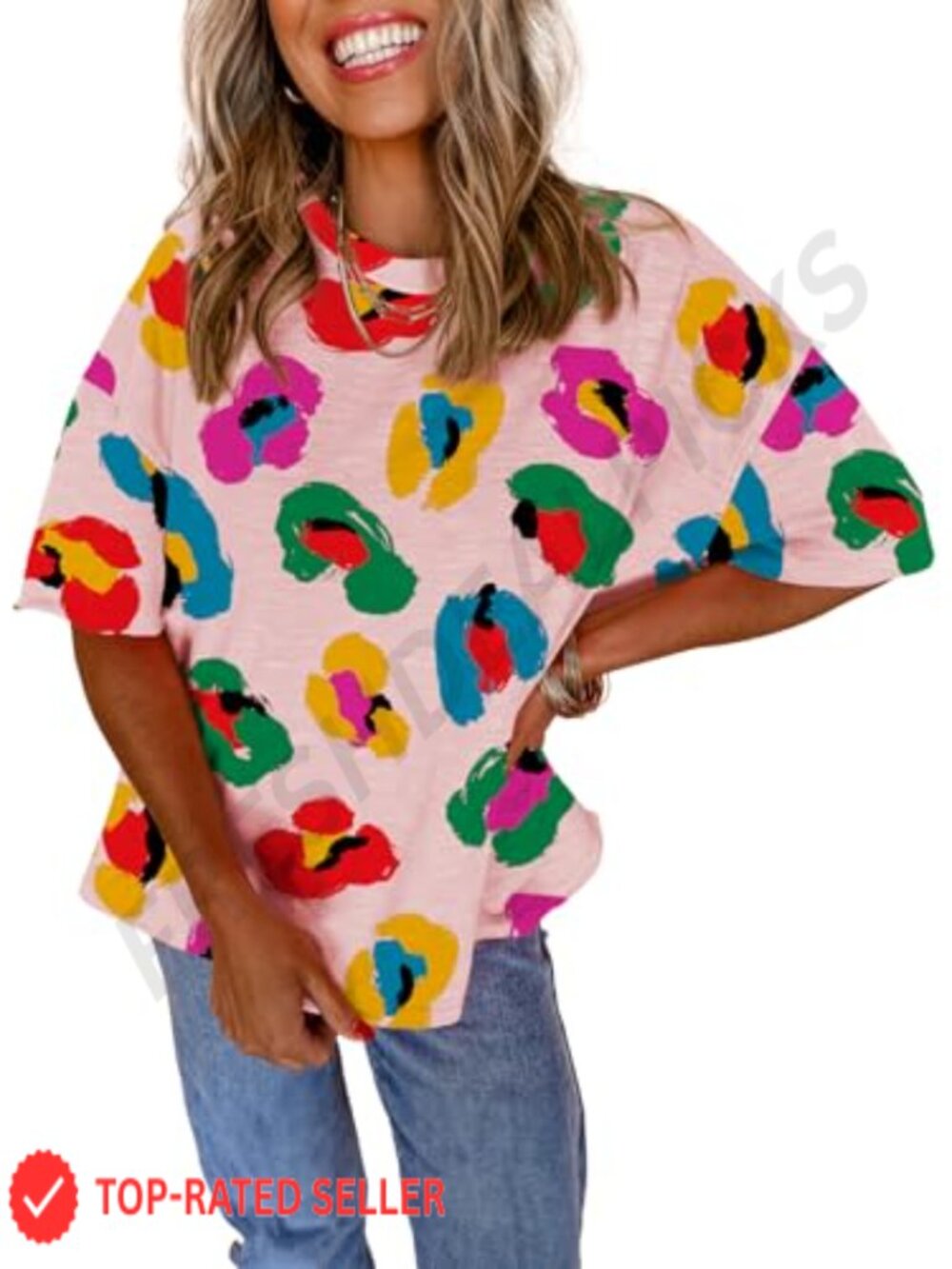 Women's Boho Abstract Print Short Sleeve Tunic Blouse Loose Fit Top